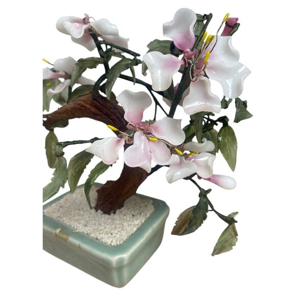 Vintage Jade Gemstone Bonsai Tree Pink White Flowers Glass Leaves 9" Pot - Picture 4 of 11
